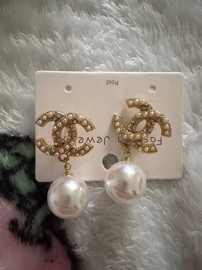 Gold Pearl Drop Logo-Style Earrings - Fashion Jewelry